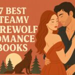 Illustrated blog cover for the article “17 Best Steamy Werewolf Romance Books.” It features a romantic couple embracing under a full moon with a silhouetted howling werewolf in the background. The design uses warm terracotta and cream tones in a clean, modern romance book illustration style