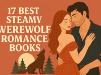 Illustrated blog cover for the article “17 Best Steamy Werewolf Romance Books.” It features a romantic couple embracing under a full moon with a silhouetted howling werewolf in the background. The design uses warm terracotta and cream tones in a clean, modern romance book illustration style