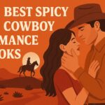 Illustrated blog cover for the article “21 Best Spicy Cowboy Romance Books.” It features a romantic cowboy couple in a tender embrace against a desert sunset backdrop, with cacti, warm orange and rust tones, and a silhouetted rider on horseback under the setting sun. The design captures a modern Western romance vibe with a clean, minimalist art style.