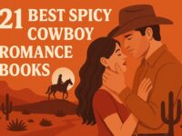 Illustrated blog cover for the article “21 Best Spicy Cowboy Romance Books.” It features a romantic cowboy couple in a tender embrace against a desert sunset backdrop, with cacti, warm orange and rust tones, and a silhouetted rider on horseback under the setting sun. The design captures a modern Western romance vibe with a clean, minimalist art style.