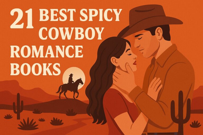 Illustrated blog cover for the article “21 Best Spicy Cowboy Romance Books.” It features a romantic cowboy couple in a tender embrace against a desert sunset backdrop, with cacti, warm orange and rust tones, and a silhouetted rider on horseback under the setting sun. The design captures a modern Western romance vibe with a clean, minimalist art style.