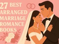 Illustrated blog cover for the article “27 Best Arranged Marriage Romance Books.” It shows a bride and groom in a loving embrace, with the groom gently holding the bride’s face. The pink background features floral accents and interlocking wedding rings, creating a warm, romantic, and modern aesthetic in soft cream, blush, and brown tones.