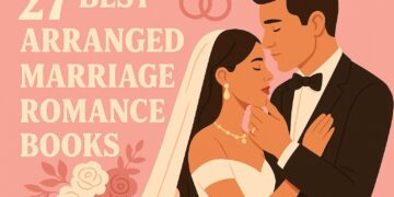 Illustrated blog cover for the article “27 Best Arranged Marriage Romance Books.” It shows a bride and groom in a loving embrace, with the groom gently holding the bride’s face. The pink background features floral accents and interlocking wedding rings, creating a warm, romantic, and modern aesthetic in soft cream, blush, and brown tones.