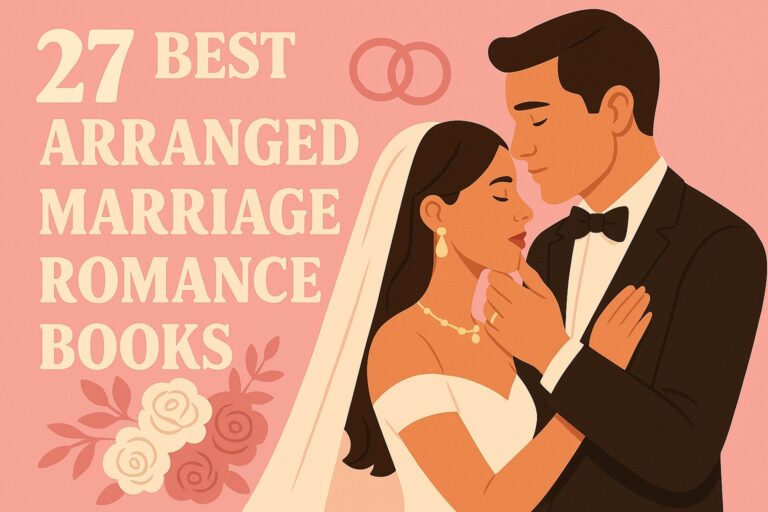 Illustrated blog cover for the article “27 Best Arranged Marriage Romance Books.” It shows a bride and groom in a loving embrace, with the groom gently holding the bride’s face. The pink background features floral accents and interlocking wedding rings, creating a warm, romantic, and modern aesthetic in soft cream, blush, and brown tones.