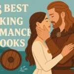 Illustrated blog cover for the article “18 Best Viking Romance Books.” It features a Viking couple embracing tenderly against a backdrop of mountains and the sea. Decorative elements include a Viking ship, shield, axe, and soft teal tones, creating a clean, modern romance book aesthetic
