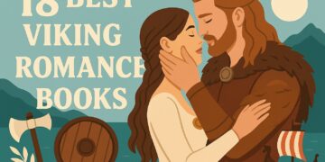 Illustrated blog cover for the article “18 Best Viking Romance Books.” It features a Viking couple embracing tenderly against a backdrop of mountains and the sea. Decorative elements include a Viking ship, shield, axe, and soft teal tones, creating a clean, modern romance book aesthetic
