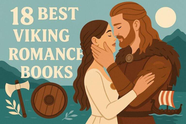 Illustrated blog cover for the article “18 Best Viking Romance Books.” It features a Viking couple embracing tenderly against a backdrop of mountains and the sea. Decorative elements include a Viking ship, shield, axe, and soft teal tones, creating a clean, modern romance book aesthetic