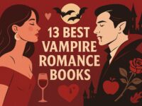 Illustrated cover for “13 Best Vampire Romance Books” featuring a stylish modern design in red and beige tones. On the left, a woman in a red off-shoulder dress faces a vampire on the right wearing a dark cloak. Between them are romantic and gothic motifs — a rose, heart, wine glass, bats, castle silhouettes, and a full moon, emphasizing the theme of passion and mystery.