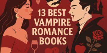 Illustrated cover for “13 Best Vampire Romance Books” featuring a stylish modern design in red and beige tones. On the left, a woman in a red off-shoulder dress faces a vampire on the right wearing a dark cloak. Between them are romantic and gothic motifs — a rose, heart, wine glass, bats, castle silhouettes, and a full moon, emphasizing the theme of passion and mystery.
