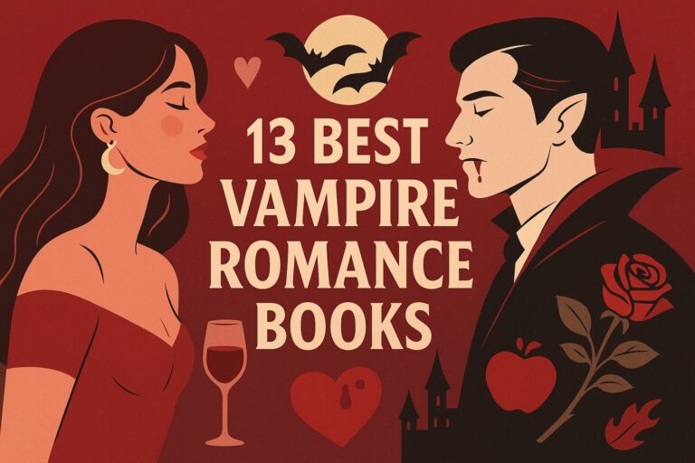 Illustrated cover for “13 Best Vampire Romance Books” featuring a stylish modern design in red and beige tones. On the left, a woman in a red off-shoulder dress faces a vampire on the right wearing a dark cloak. Between them are romantic and gothic motifs — a rose, heart, wine glass, bats, castle silhouettes, and a full moon, emphasizing the theme of passion and mystery.
